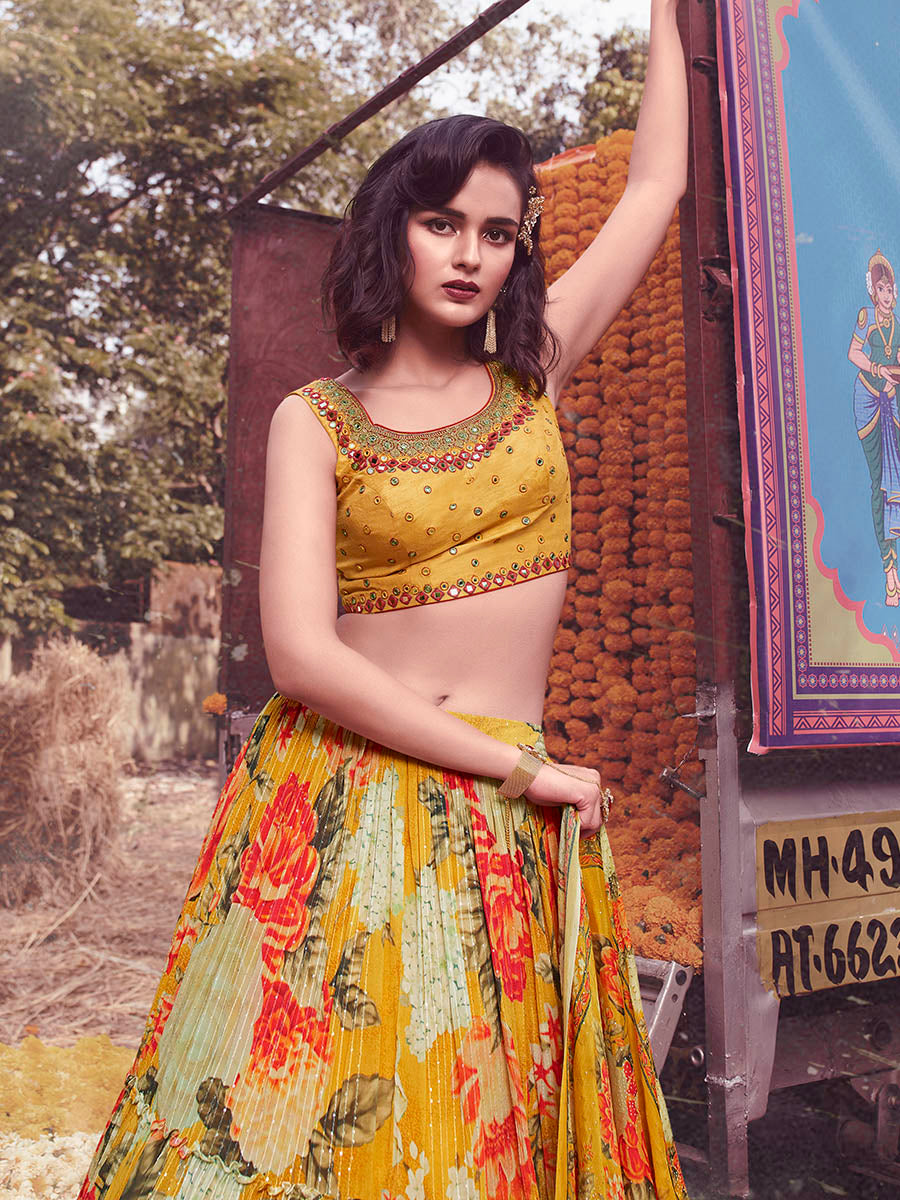 Myra Yellow Art Silk Embroidered Designer Lehenga