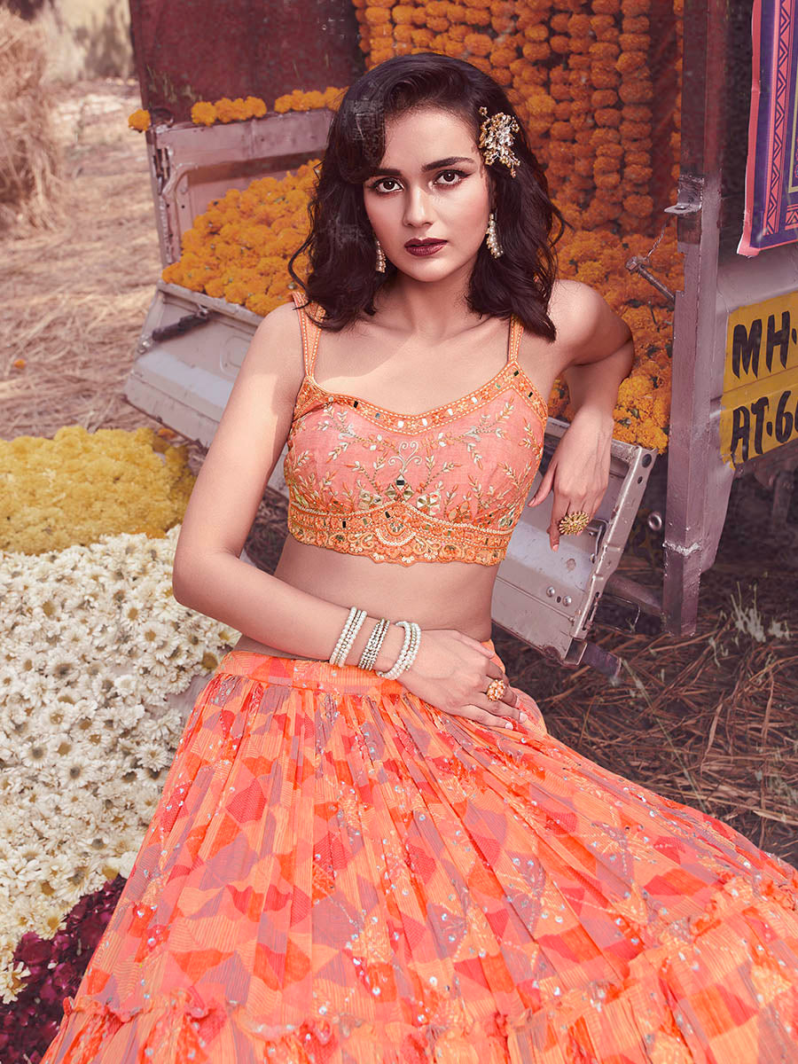 Myra Peach Chinon Embroidered Designer Lehenga