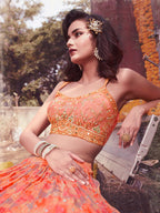 Myra Peach Chinon Embroidered Designer Lehenga