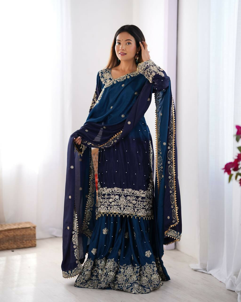 The52 Women's Beautiful Chinon silk Fabric Embroidery Work Straight Kurta Palazzo and Dupatta Set - Distacart