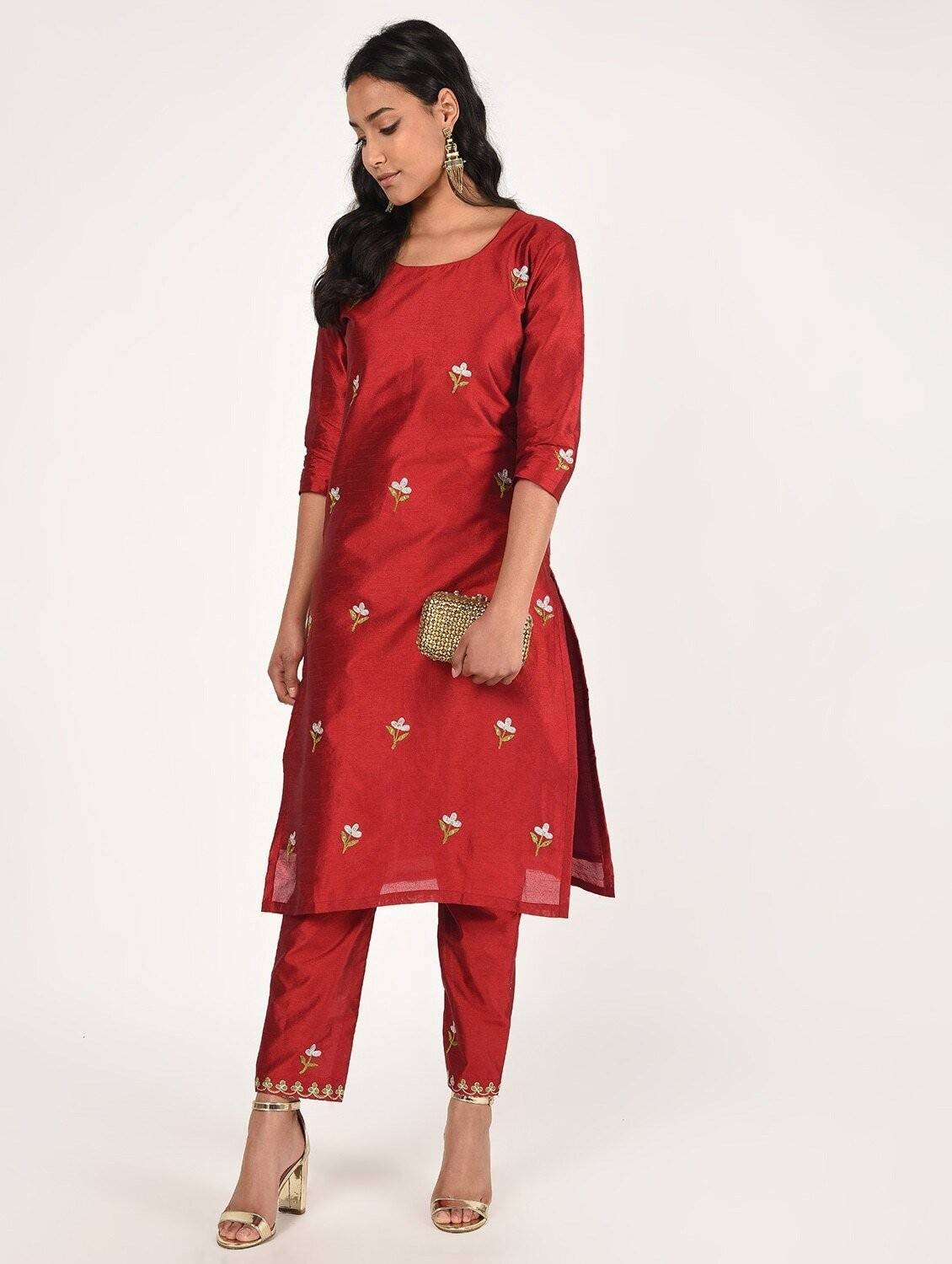 Cheera Women's Beautiful Hand Embroidered Motif All-Over Straight Silk Kurta Set (CH069K) - Distacart