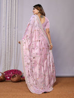 Pink Satin Silk Embroidered Saree With Stitched Blouse - Nimaya Kaksha