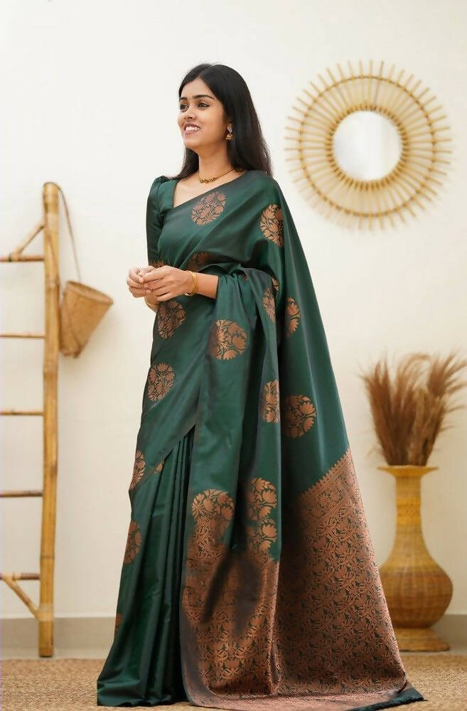 DEIANA'S Beautiful Designer Golden zari Soft Lichi Silk Saree - Green