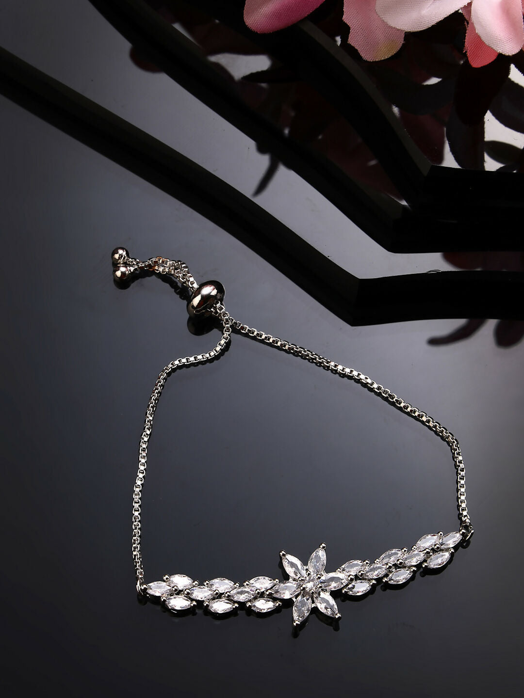 NVR Women Silver-Plated Handcrafted American Diamond Link Bracelet - Distacart