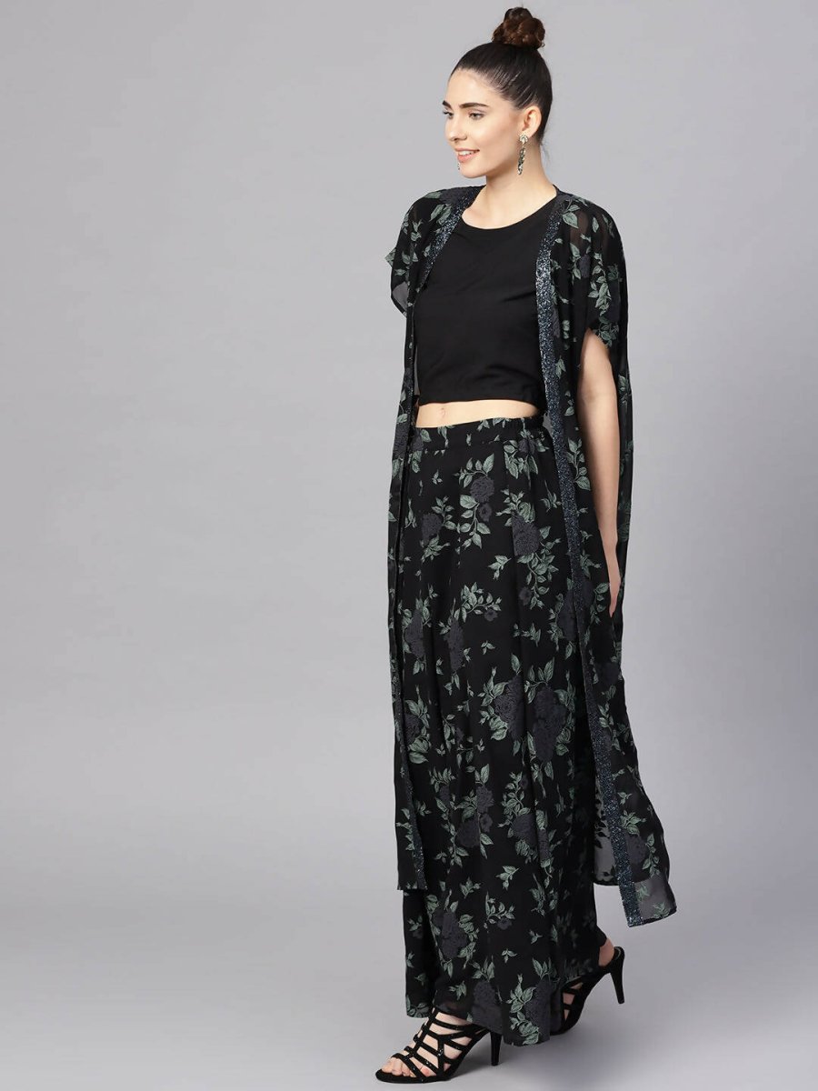 Ahalyaa Black Georgette Crepe Printed Top Palazzo Set With Jacket - Distacart