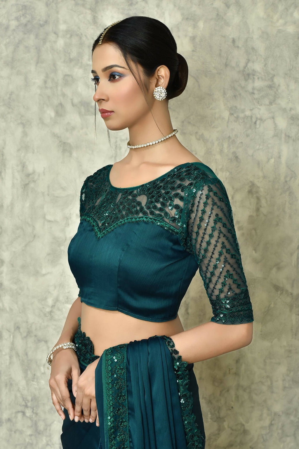Teal Silk Solid Designer Saree with Blouse - Purvi