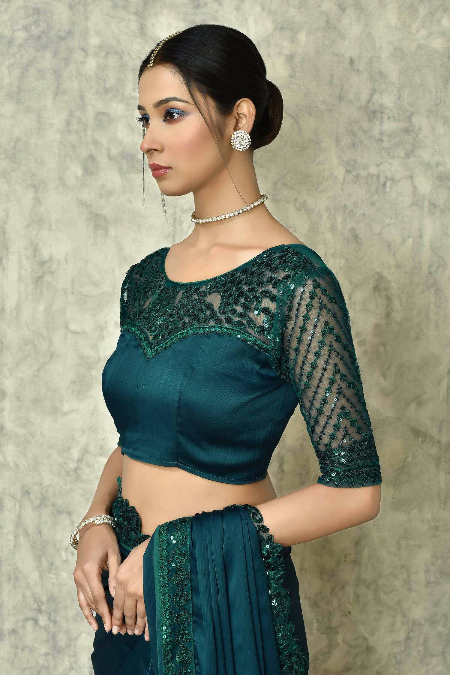 Teal Silk Solid Designer Saree with Blouse - Purvi