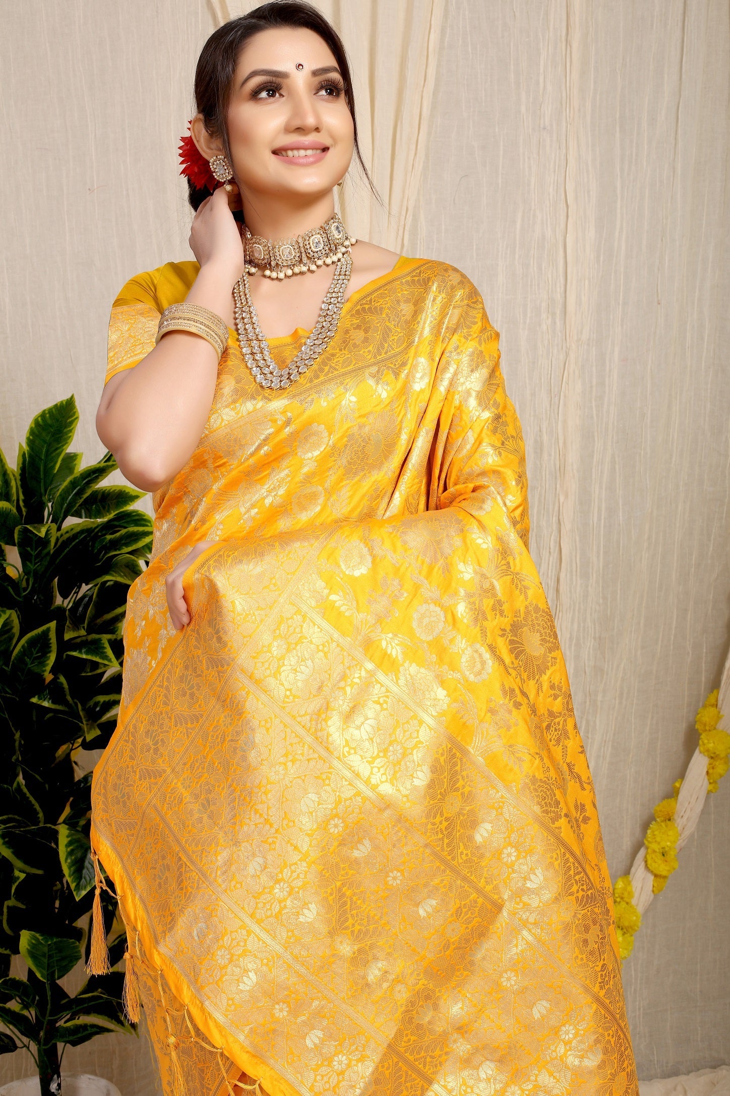 Anaita Yellow Woven Design Pure Silk Banarasi Saree With Blouse - Distacart