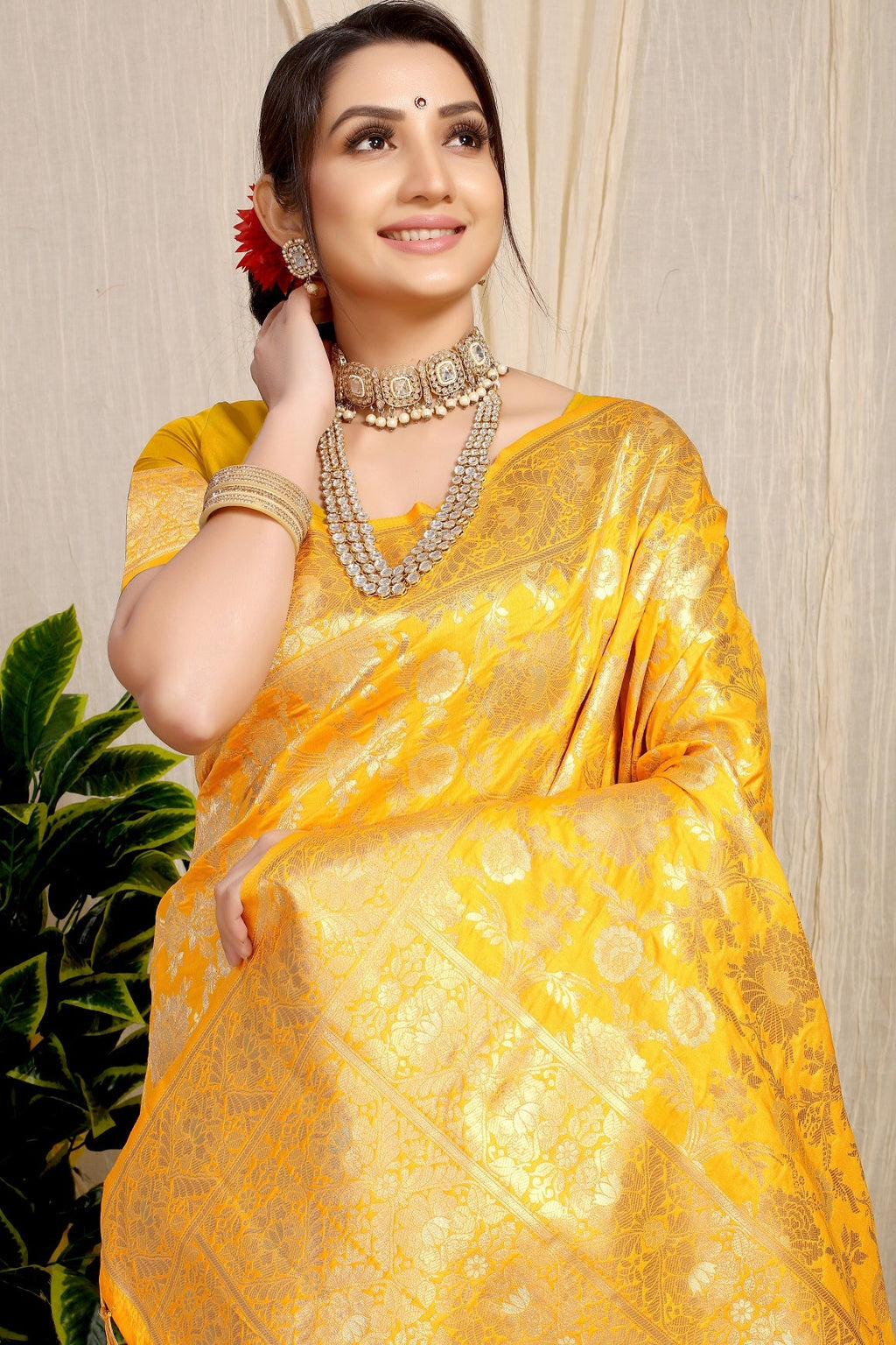 Anaita Yellow Woven Design Pure Silk Banarasi Saree With Blouse - Distacart