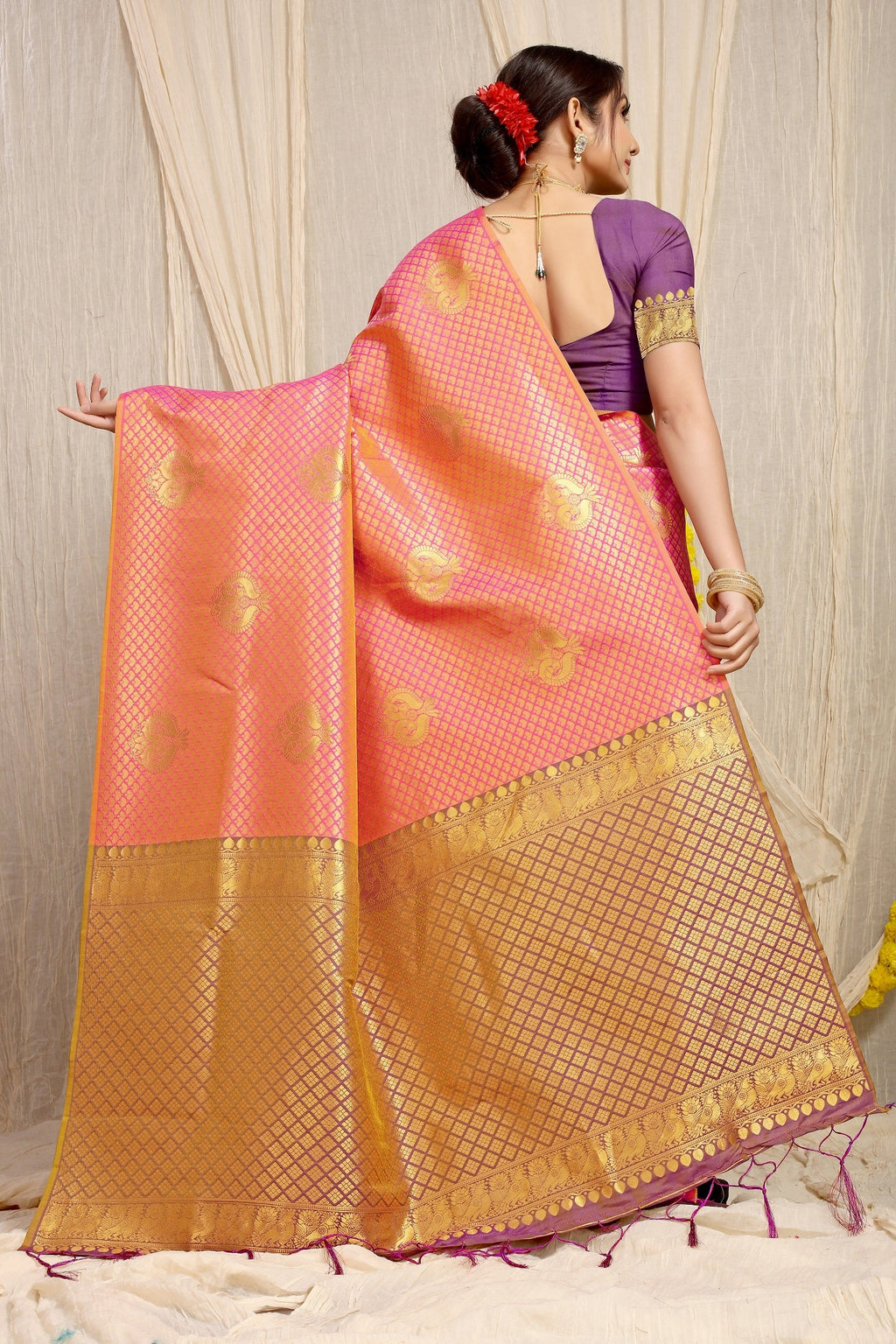 Anaita Peach Woven Design Pure Silk Banarasi Saree With Blouse - Distacart