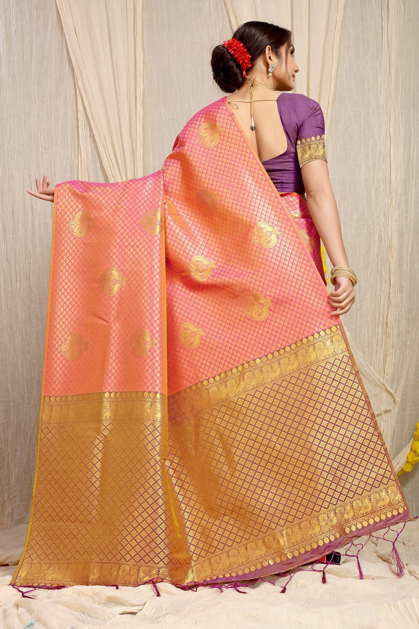 Anaita Peach Woven Design Pure Silk Banarasi Saree With Blouse - Distacart