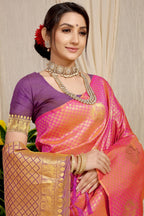 Anaita Peach Woven Design Pure Silk Banarasi Saree With Blouse - Distacart