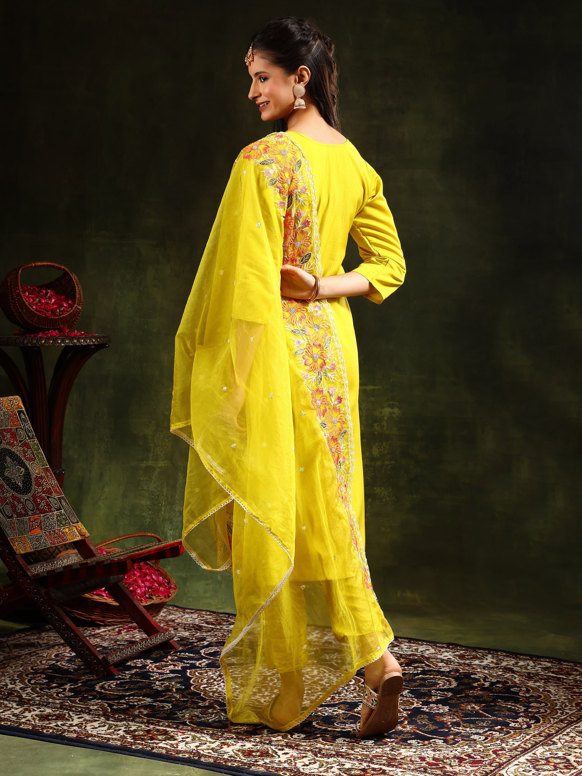 Embroidered Kurta With Pant & Embroidered Dupatta, Yellow - Hiral Fashion - Distacart