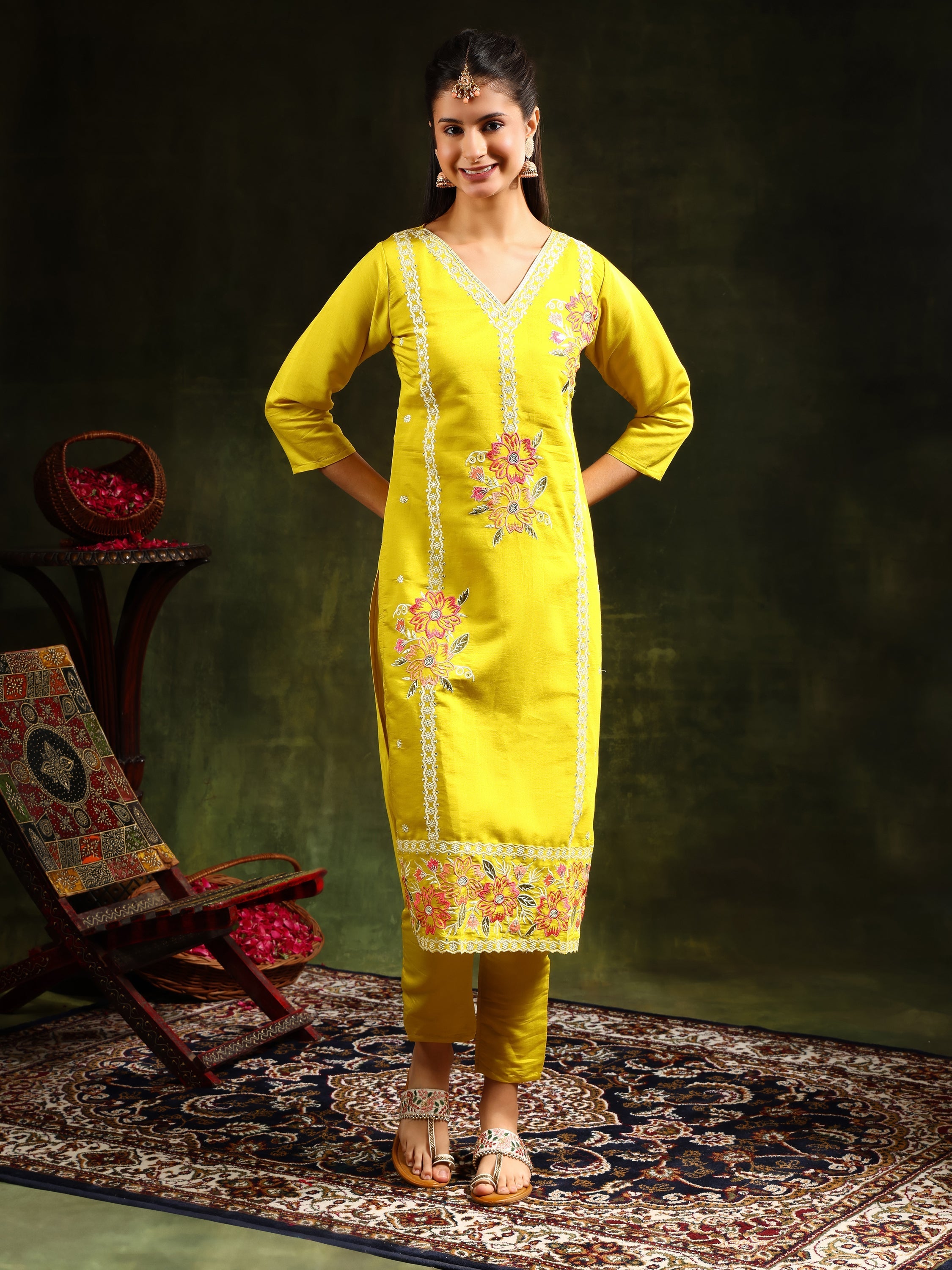 Embroidered Kurta With Pant & Embroidered Dupatta, Yellow - Hiral Fashion - Distacart