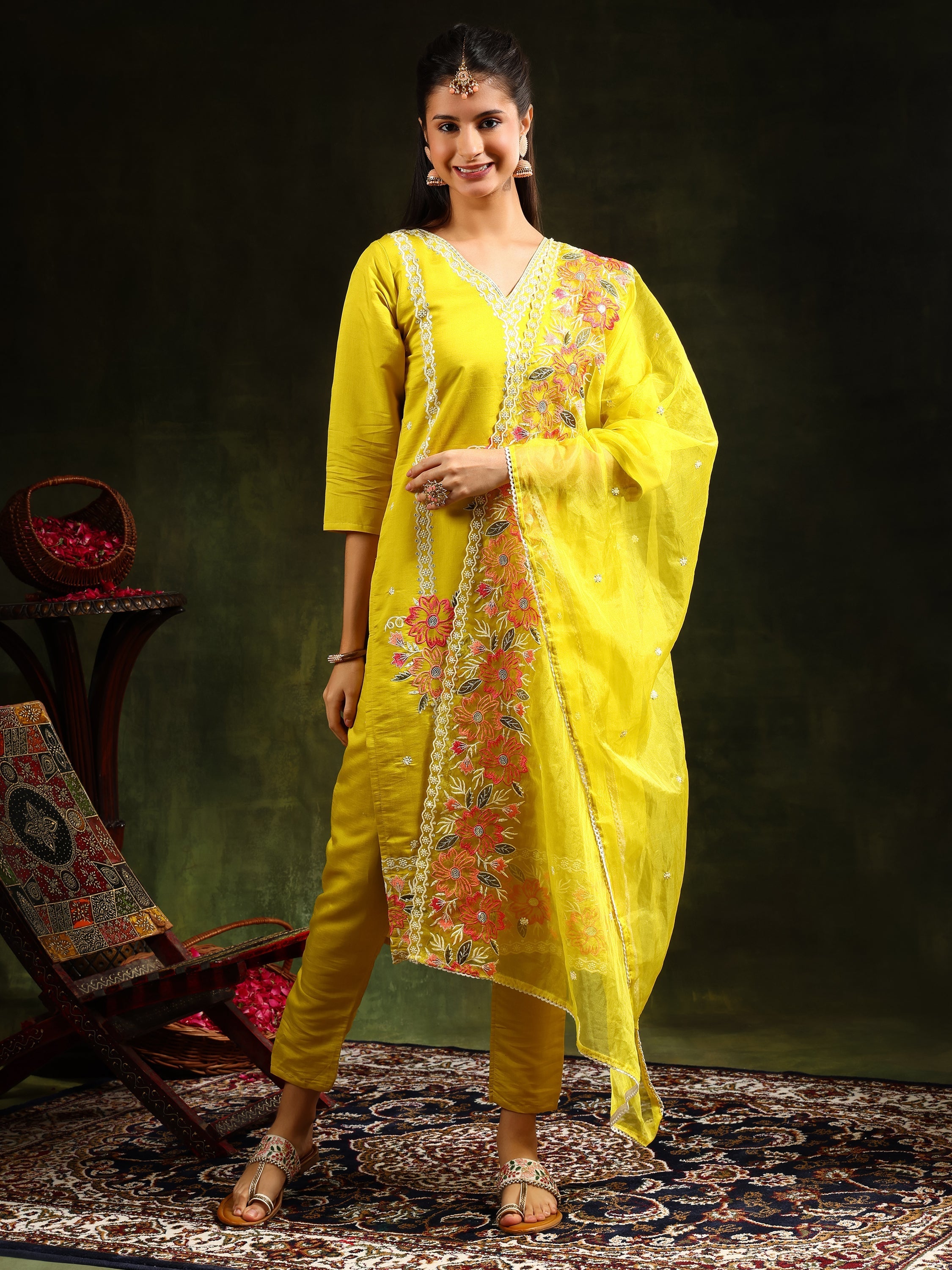 Embroidered Kurta With Pant & Embroidered Dupatta, Yellow - Hiral Fashion - Distacart