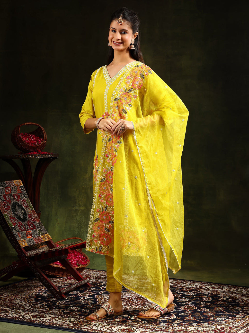 Embroidered Kurta With Pant & Embroidered Dupatta, Yellow - Hiral Fashion - Distacart