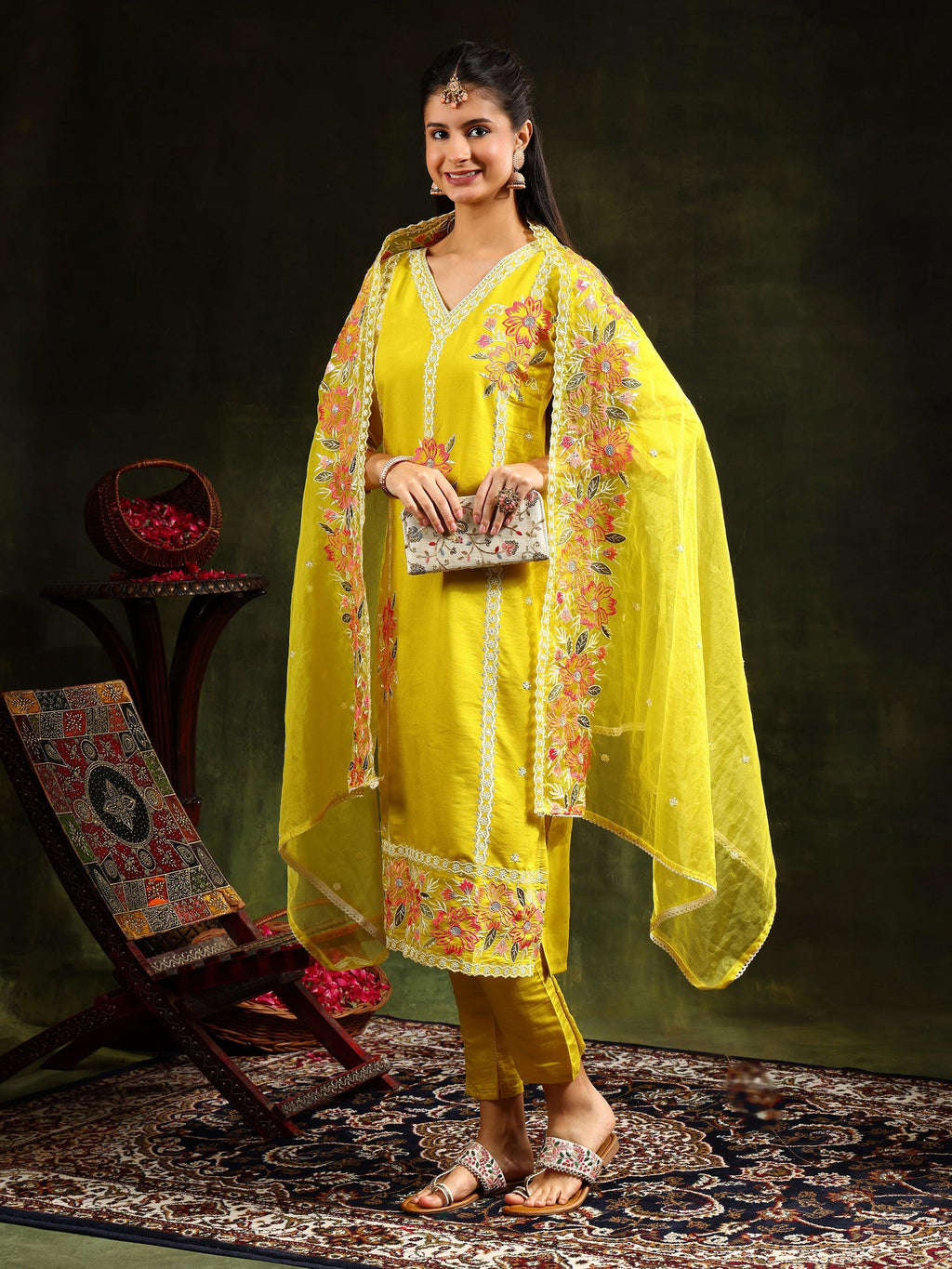 Embroidered Kurta With Pant & Embroidered Dupatta, Yellow - Hiral Fashion - Distacart