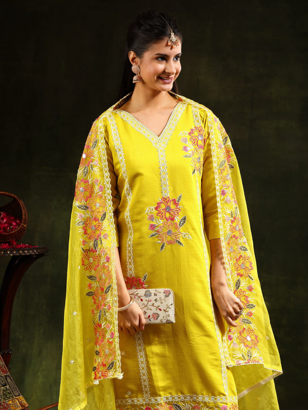 Embroidered Kurta With Pant & Embroidered Dupatta, Yellow - Hiral Fashion - Distacart