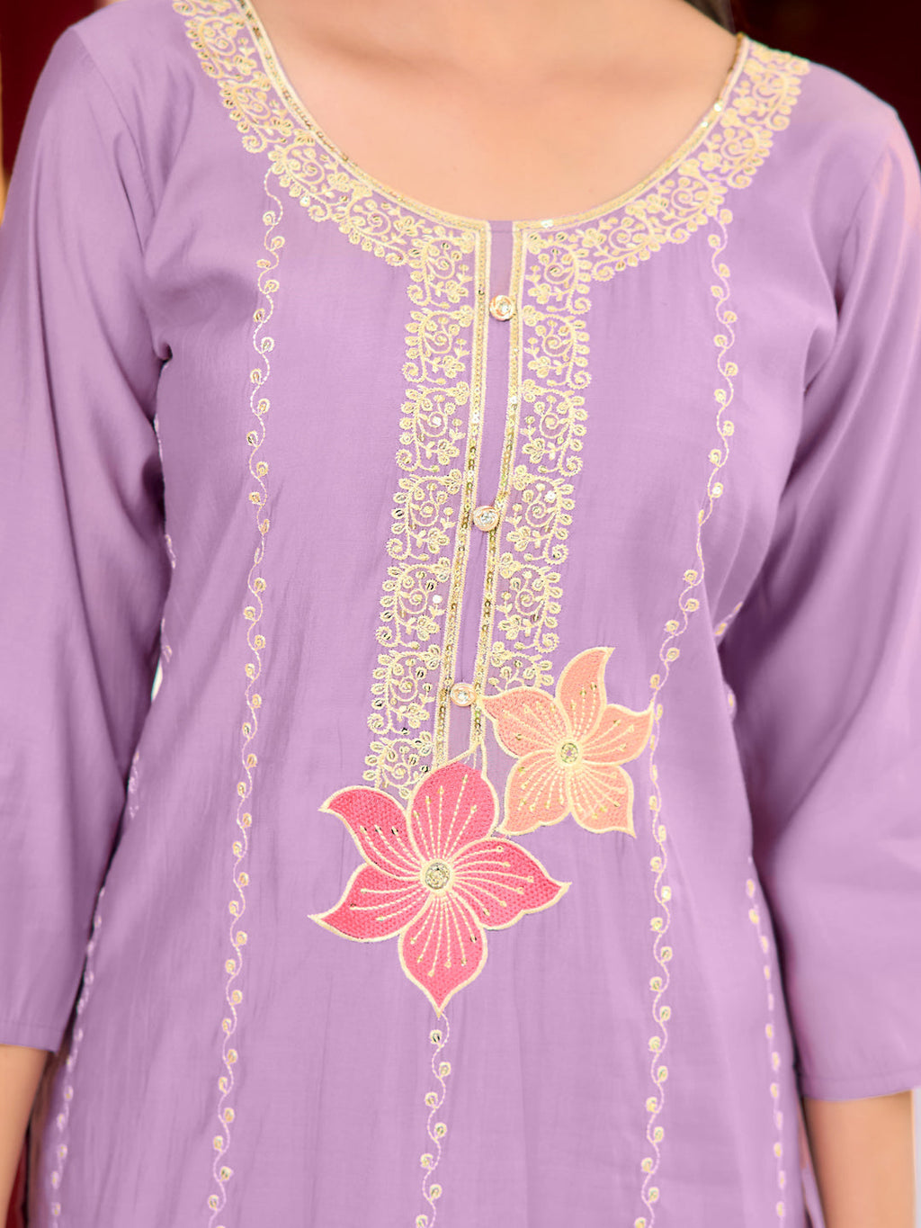 Full Front Embroidered Kurta With Pant & Embroidered Organza Dupatta, Lavender - Hiral Fashion - Distacart