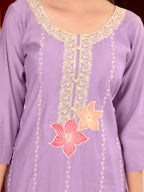 Full Front Embroidered Kurta With Pant & Embroidered Organza Dupatta, Lavender - Hiral Fashion - Distacart
