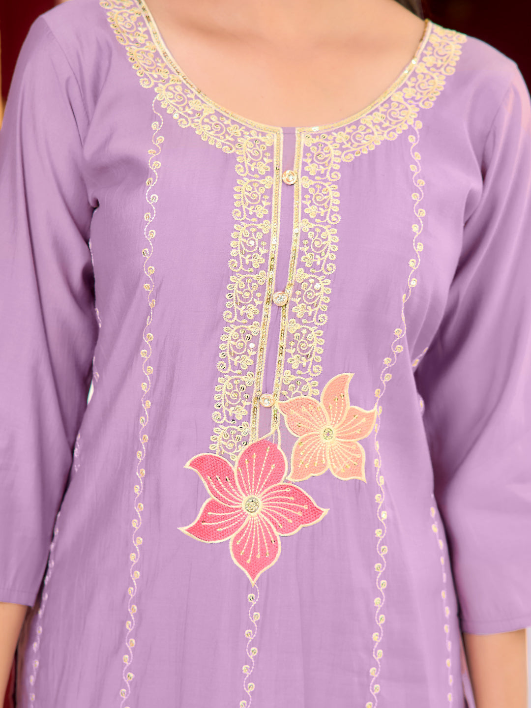 Full Front Embroidered Kurta With Pant & Embroidered Organza Dupatta, Lavender - Hiral Fashion - Distacart