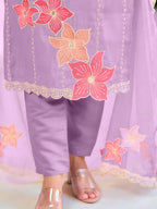 Full Front Embroidered Kurta With Pant & Embroidered Organza Dupatta, Lavender - Hiral Fashion - Distacart