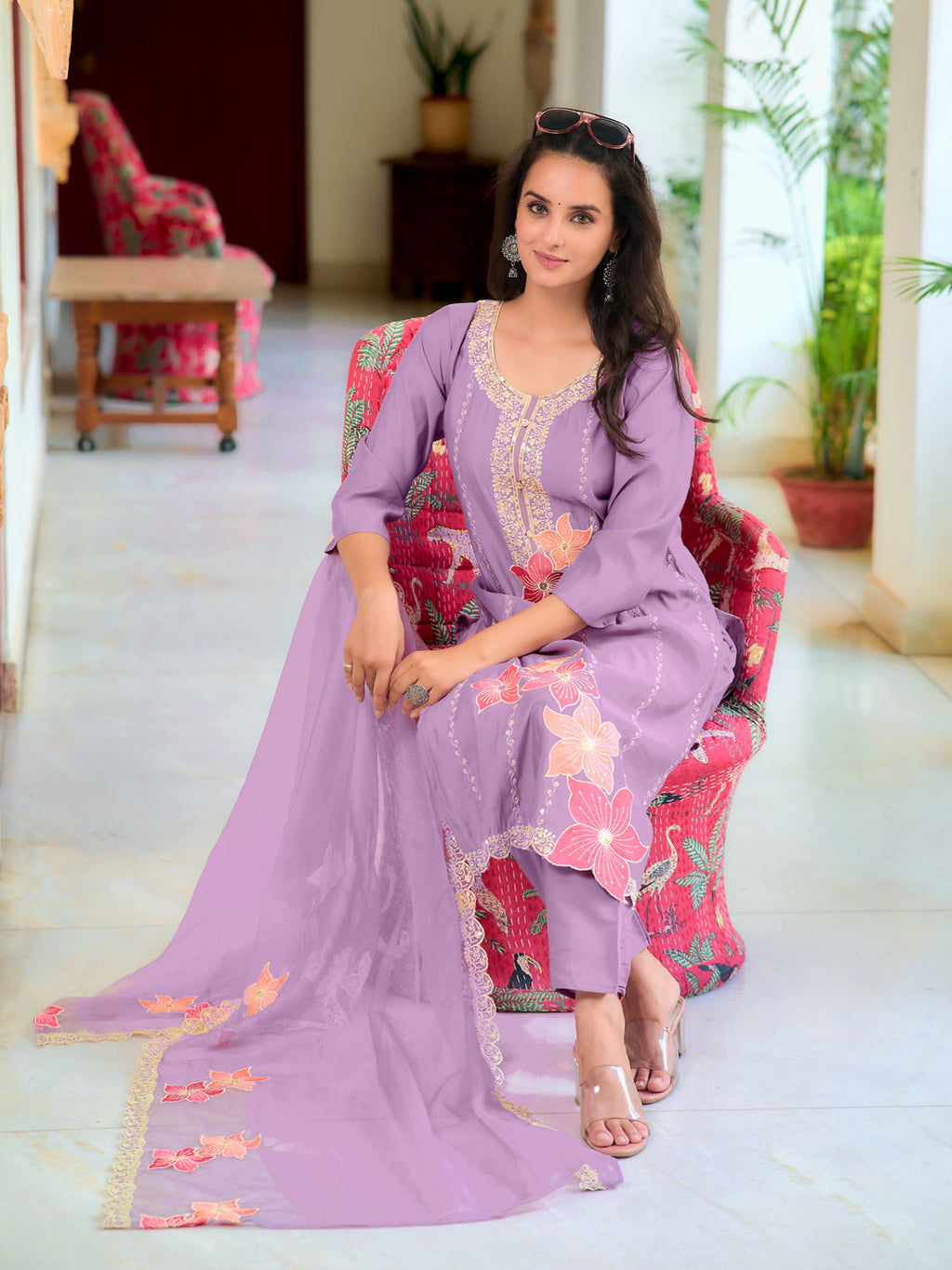 Full Front Embroidered Kurta With Pant & Embroidered Organza Dupatta, Lavender - Hiral Fashion - Distacart