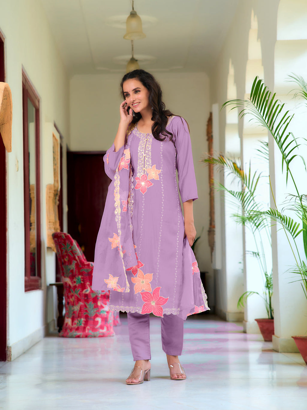 Full Front Embroidered Kurta With Pant & Embroidered Organza Dupatta, Lavender - Hiral Fashion - Distacart