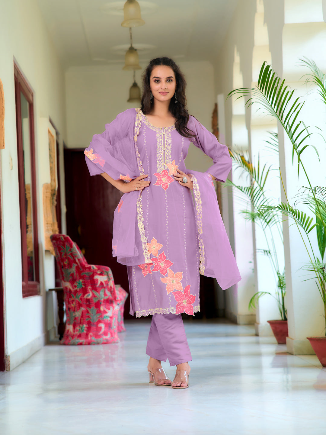 Full Front Embroidered Kurta With Pant & Embroidered Organza Dupatta, Lavender - Hiral Fashion - Distacart