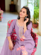 Full Front Embroidered Kurta With Pant & Embroidered Organza Dupatta, Lavender - Hiral Fashion - Distacart