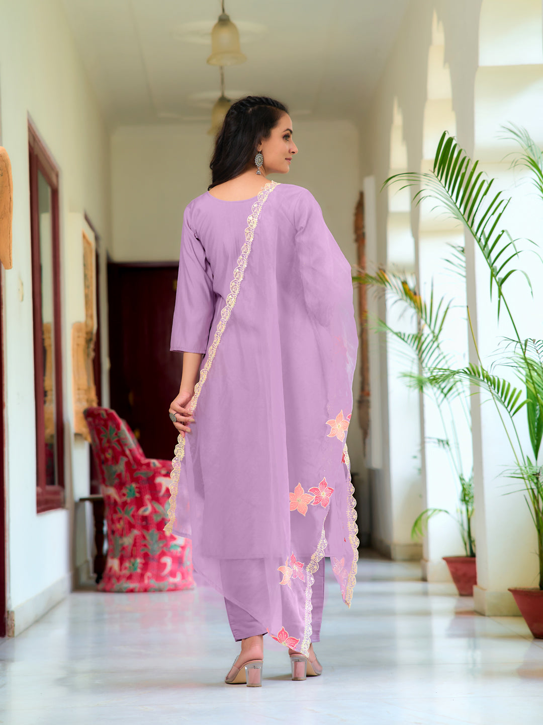 Full Front Embroidered Kurta With Pant & Embroidered Organza Dupatta, Lavender - Hiral Fashion - Distacart