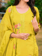 Full Front Embroidered Kurta With Pant & Embroidered Organza Dupatta, Yellow - Hiral Fashion - Distacart