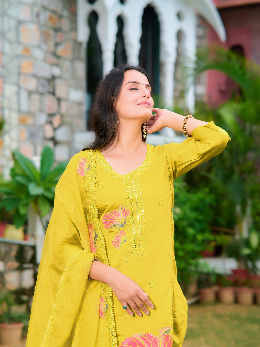 Full Front Embroidered Kurta With Pant & Embroidered Organza Dupatta, Yellow - Hiral Fashion - Distacart