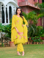 Full Front Embroidered Kurta With Pant & Embroidered Organza Dupatta, Yellow - Hiral Fashion - Distacart