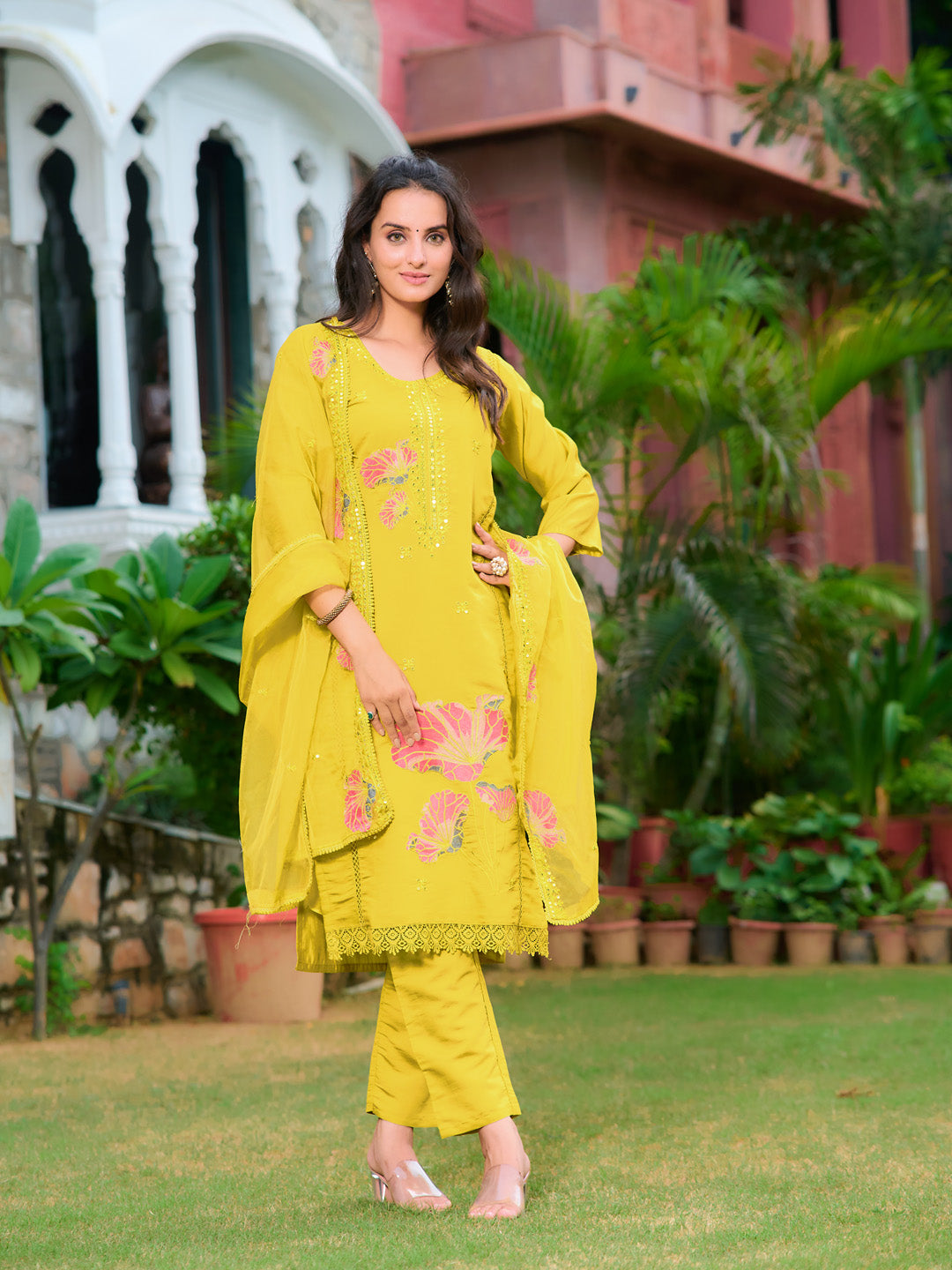 Full Front Embroidered Kurta With Pant & Embroidered Organza Dupatta, Yellow - Hiral Fashion - Distacart