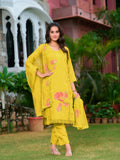 Full Front Embroidered Kurta With Pant & Embroidered Organza Dupatta, Yellow - Hiral Fashion - Distacart
