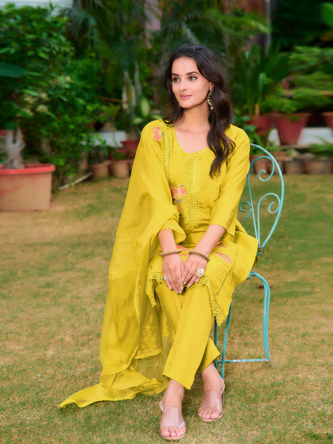 Full Front Embroidered Kurta With Pant & Embroidered Organza Dupatta, Yellow - Hiral Fashion - Distacart