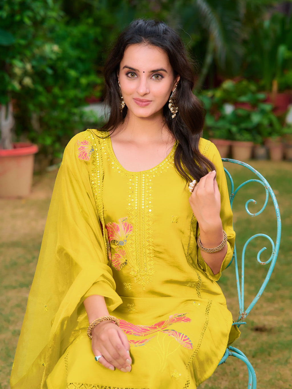 Full Front Embroidered Kurta With Pant & Embroidered Organza Dupatta, Yellow - Hiral Fashion - Distacart
