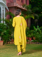 Full Front Embroidered Kurta With Pant & Embroidered Organza Dupatta, Yellow - Hiral Fashion - Distacart