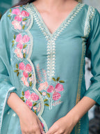 Full Front Embroidered Kurta With Pant & Embroidered Organza Dupatta, Blue - Hiral Fashion - Distacart