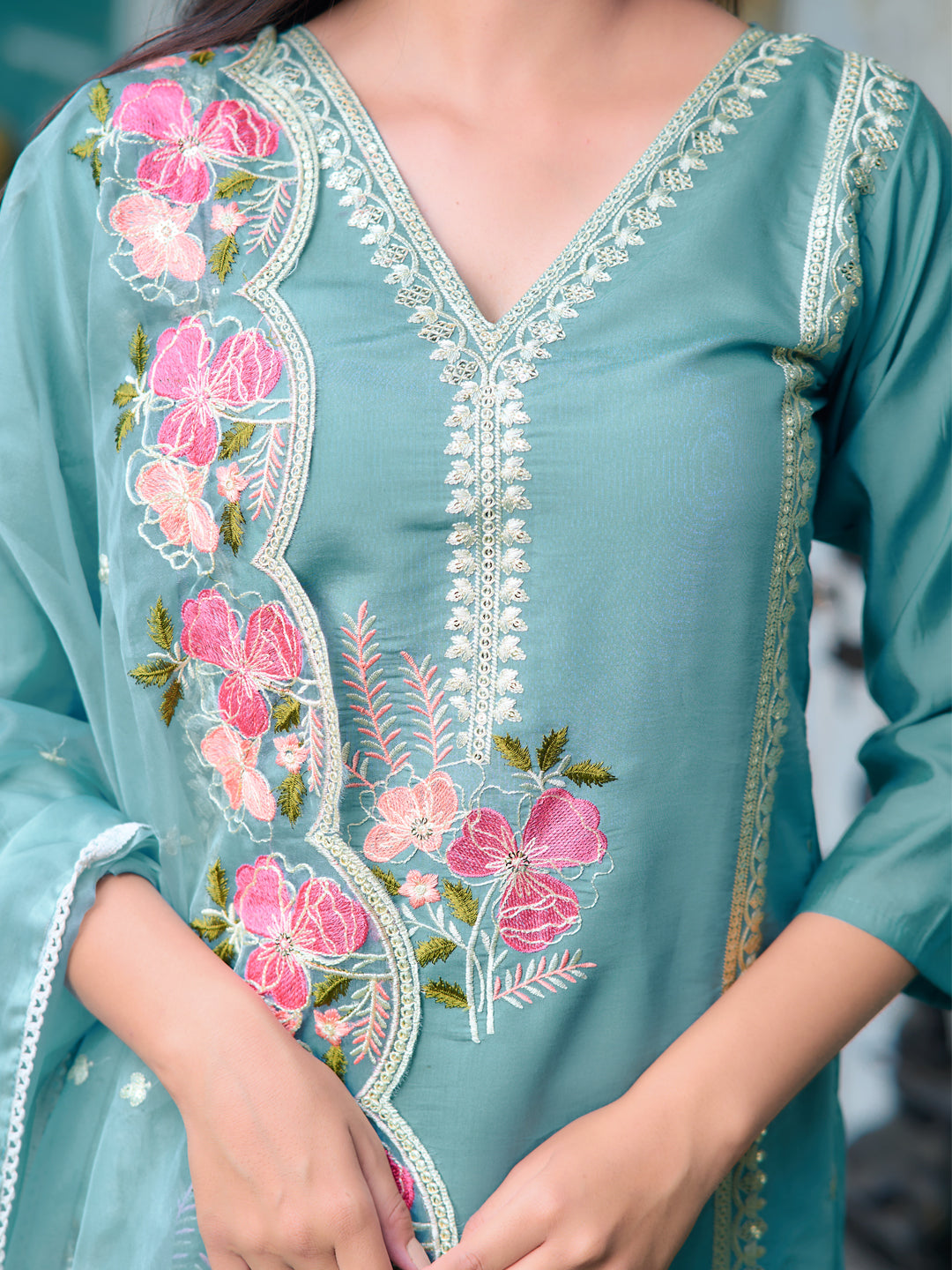 Full Front Embroidered Kurta With Pant & Embroidered Organza Dupatta, Blue - Hiral Fashion - Distacart