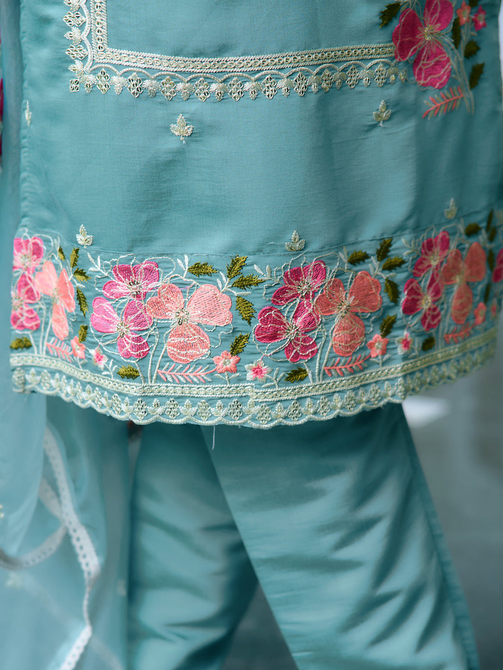Full Front Embroidered Kurta With Pant & Embroidered Organza Dupatta, Blue - Hiral Fashion - Distacart