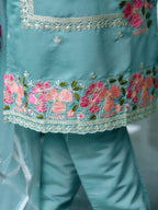 Full Front Embroidered Kurta With Pant & Embroidered Organza Dupatta, Blue - Hiral Fashion - Distacart