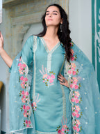 Full Front Embroidered Kurta With Pant & Embroidered Organza Dupatta, Blue - Hiral Fashion - Distacart