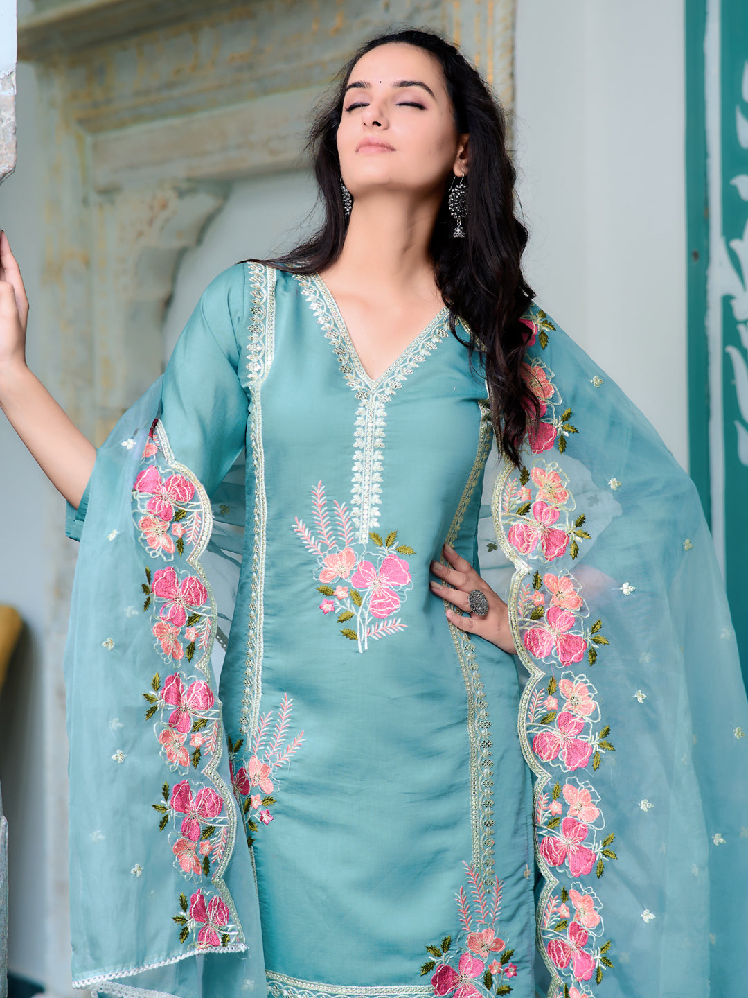 Full Front Embroidered Kurta With Pant & Embroidered Organza Dupatta, Blue - Hiral Fashion - Distacart