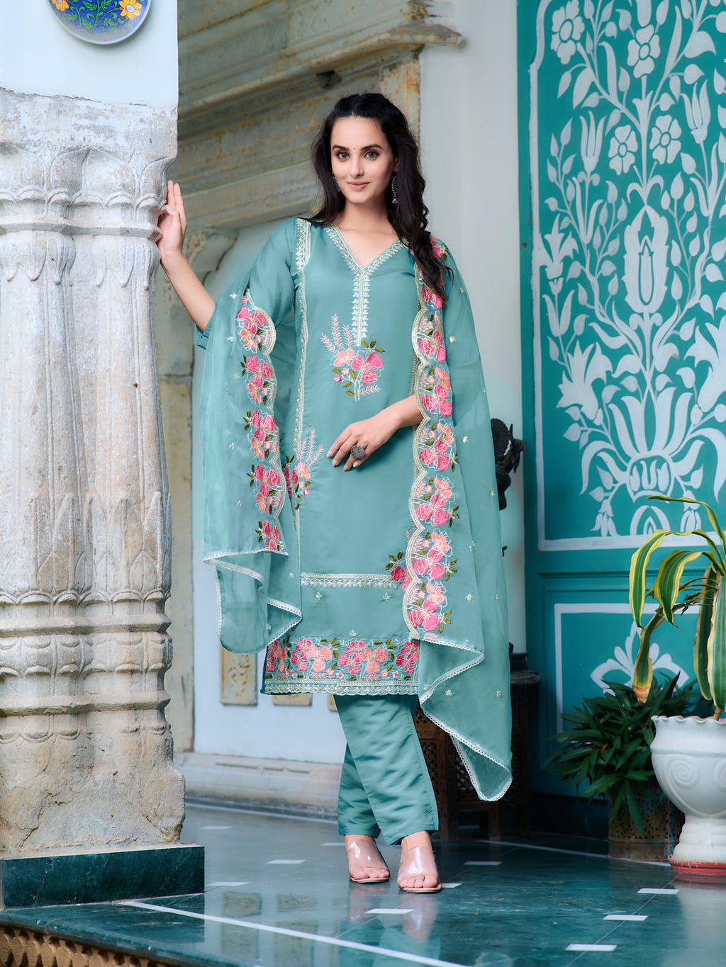 Full Front Embroidered Kurta With Pant & Embroidered Organza Dupatta, Blue - Hiral Fashion - Distacart