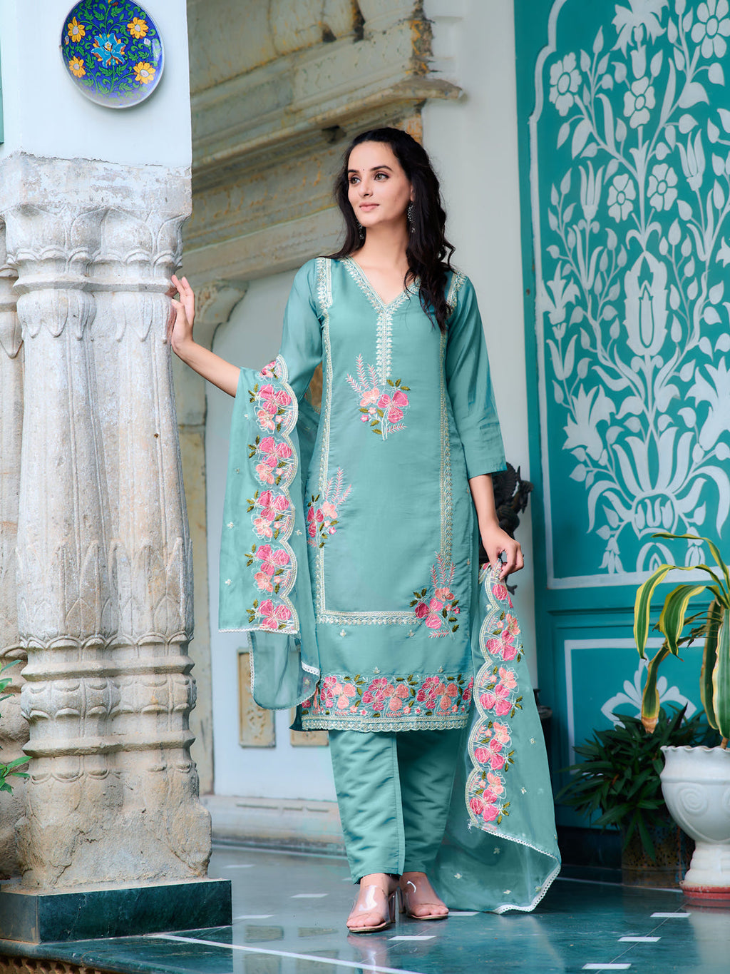 Full Front Embroidered Kurta With Pant & Embroidered Organza Dupatta, Blue - Hiral Fashion - Distacart