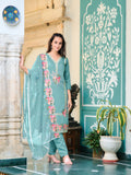 Full Front Embroidered Kurta With Pant & Embroidered Organza Dupatta, Blue - Hiral Fashion - Distacart