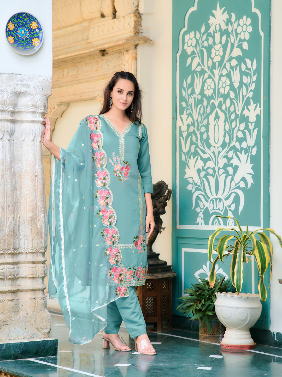 Full Front Embroidered Kurta With Pant & Embroidered Organza Dupatta, Blue - Hiral Fashion - Distacart