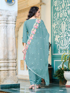 Full Front Embroidered Kurta With Pant & Embroidered Organza Dupatta, Blue - Hiral Fashion - Distacart